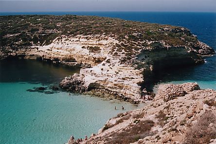 Di fronte a noi l'Isola dei Conigli (AG002). L'isola  un grosso scoglio collegato con la terra ferma (si fa per dire) tramite un piccolo istmo sabbioso. La si pu raggiungere a piedi. La profondit dell'acqua  di poche decine di centimetri. Mi hanno raccontato che una volta, 30-40 anni fa, era effettivamente piena di conigli selvatici.